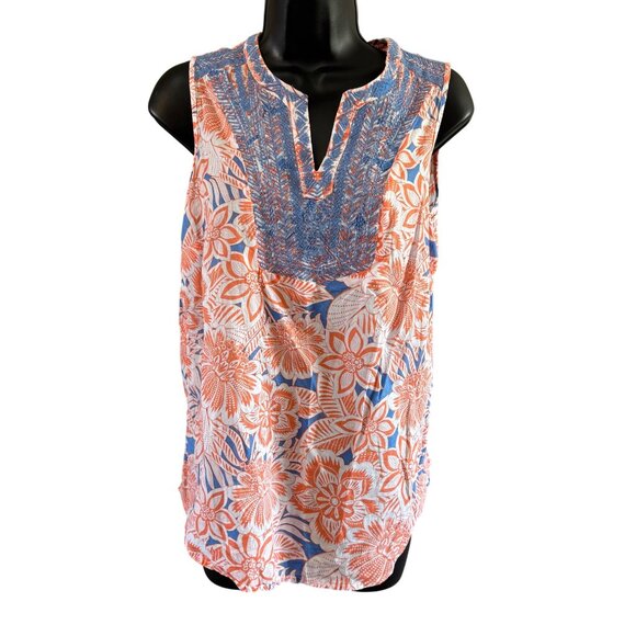 Talbots Womens Top S Sleeveless Floral Print Tunic Blue Orange Cotton - Picture 1 of 7